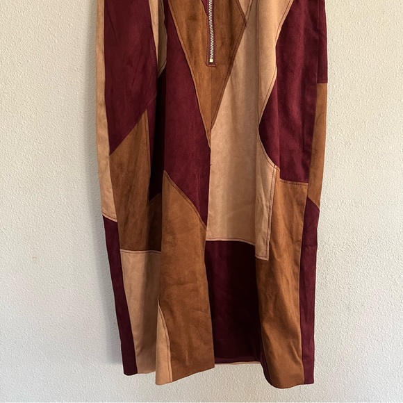 Ramy Brook Odette Patchwork Faux Suede Dress Size O Brown Burgundy Western Boho - Picture 9 of 11